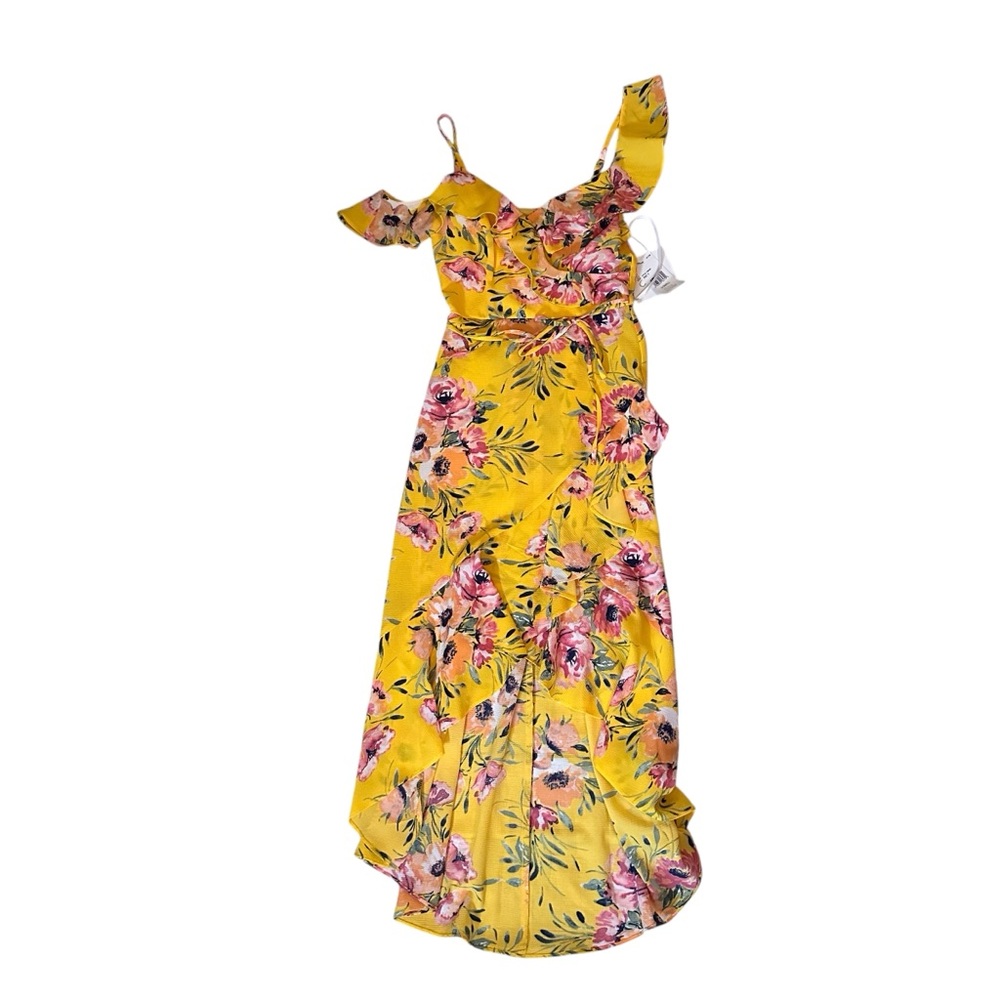 By & By Floral Midi Dress High-Low Faux Wrap Summer Sundress Yellow XS NWT